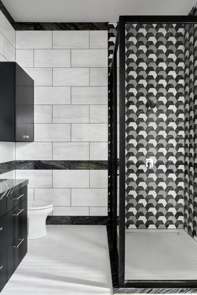 Black and white tiled bathroom setting