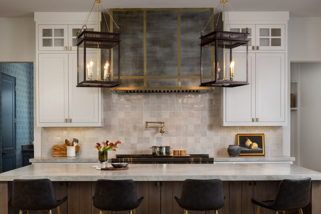 Kitchen setting in cream, brown, and black