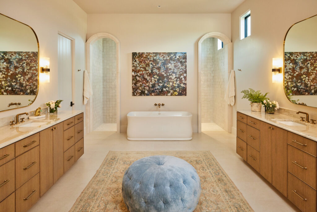 Bathroom setting with tiled floor and shower