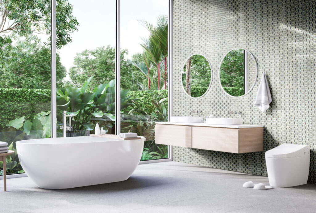 Modern contemporary loft style bathroom with tropical style nature view 3d render,There are concrete tile floor and wall decorated with wooden sink counter and circle mirror