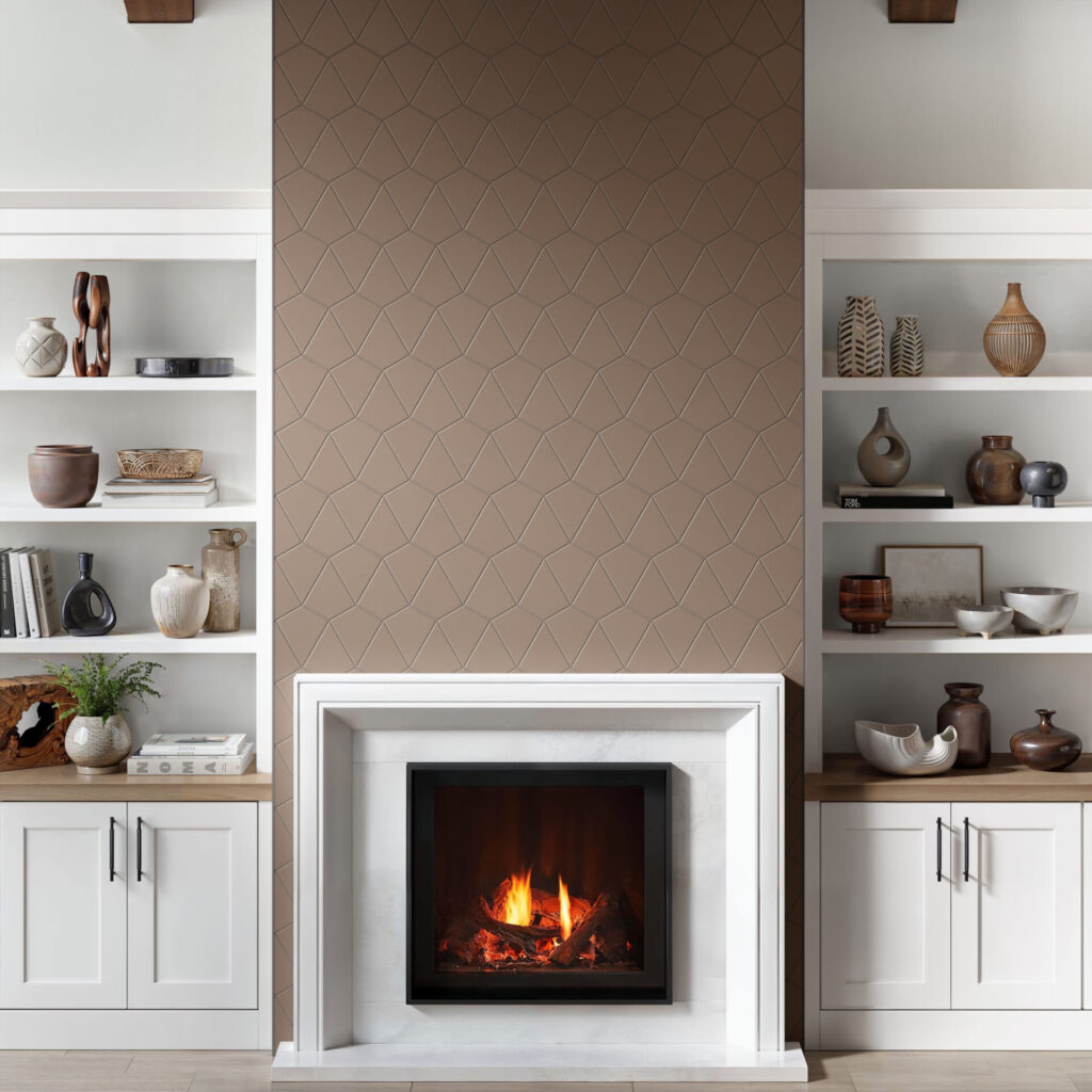 Skite brass tile fireplace surround sample with white bookcases.