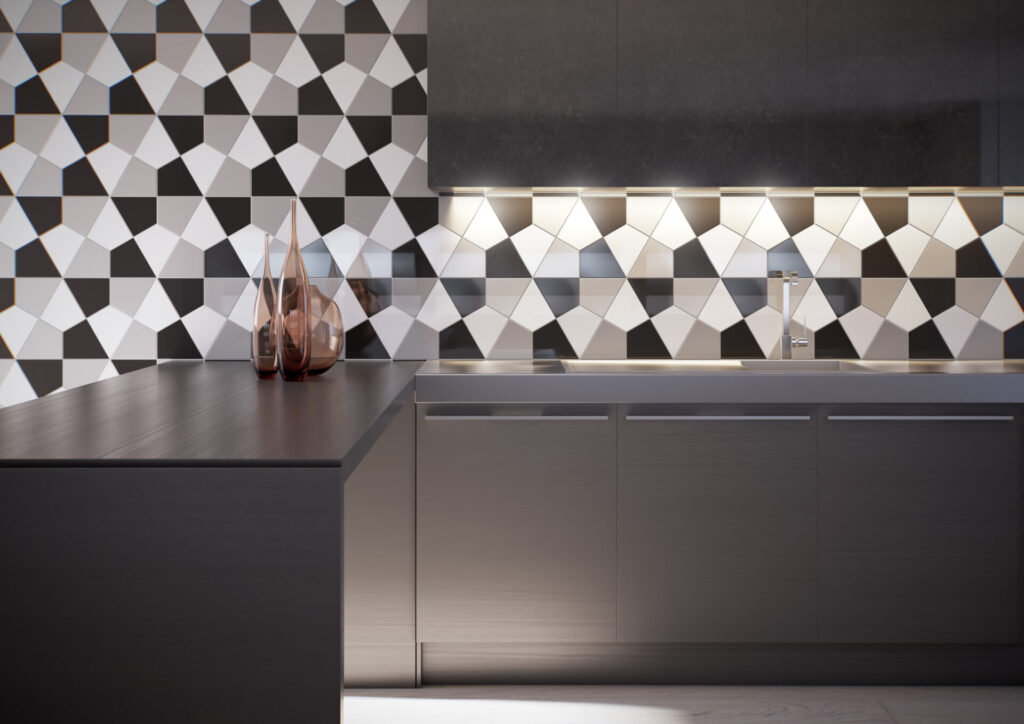 Skite tiles in white and carbon as a kitchen backsplash sample.