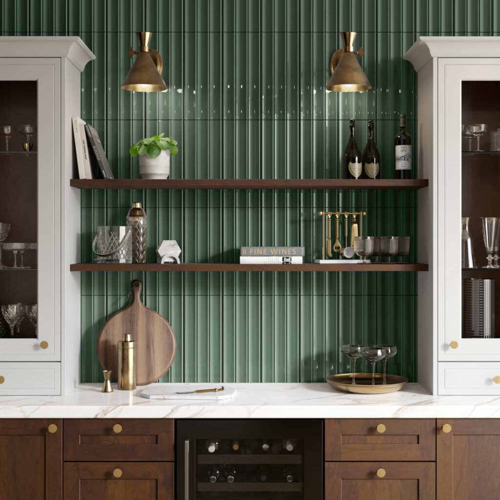 TUBAGE™ 7" x 16" aloe sample on wall with white and brown cabinets