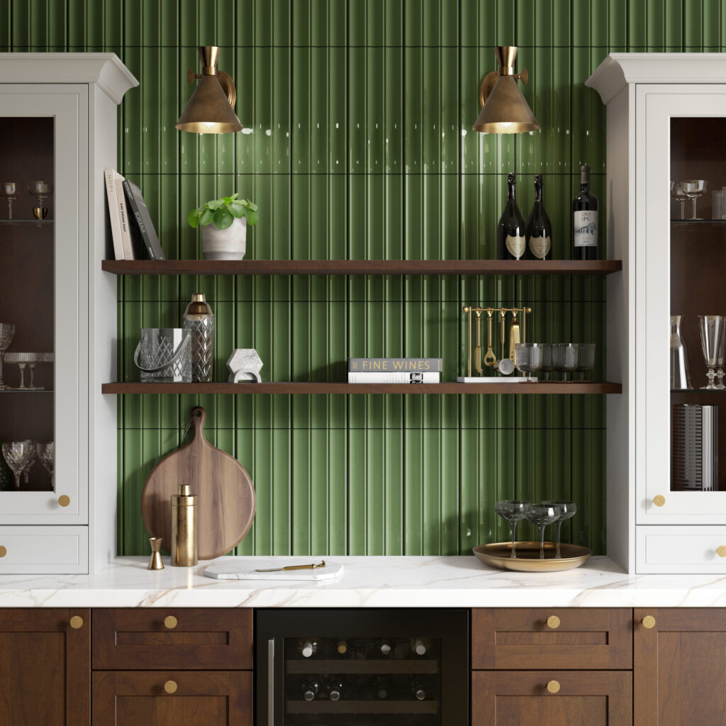 TUBAGE™ 7" x 16" green sample on wall with white and brown cabinets