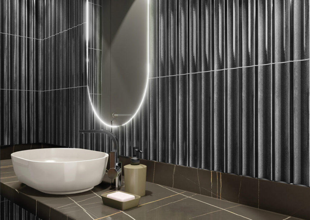 TUBAGE™ 7" x 16" pewter sample on bathroom wall vanity