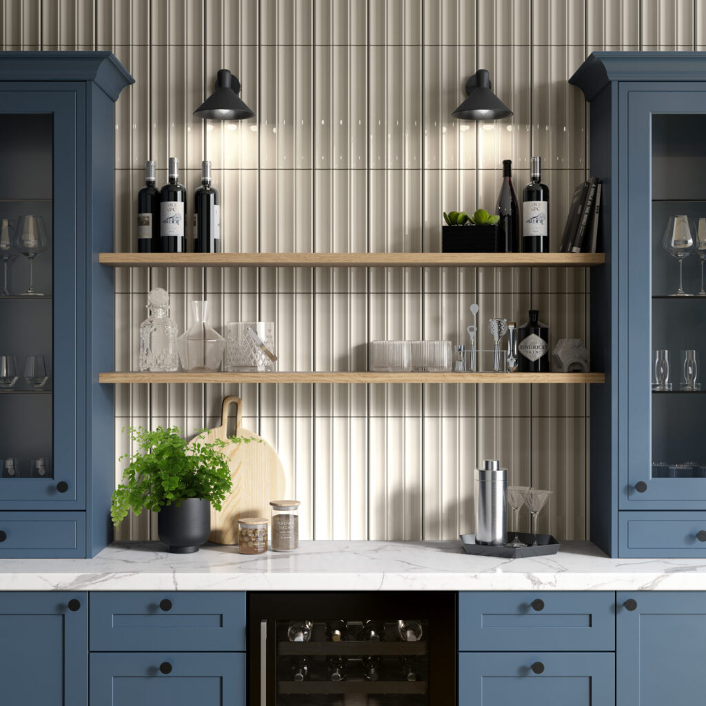 TUBAGE™ 7" x 16" white sample on wall with blue cabinets