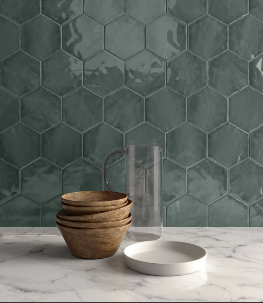 Watercolors 6x6 Emerald Glossy Hexagon Tile wall sample