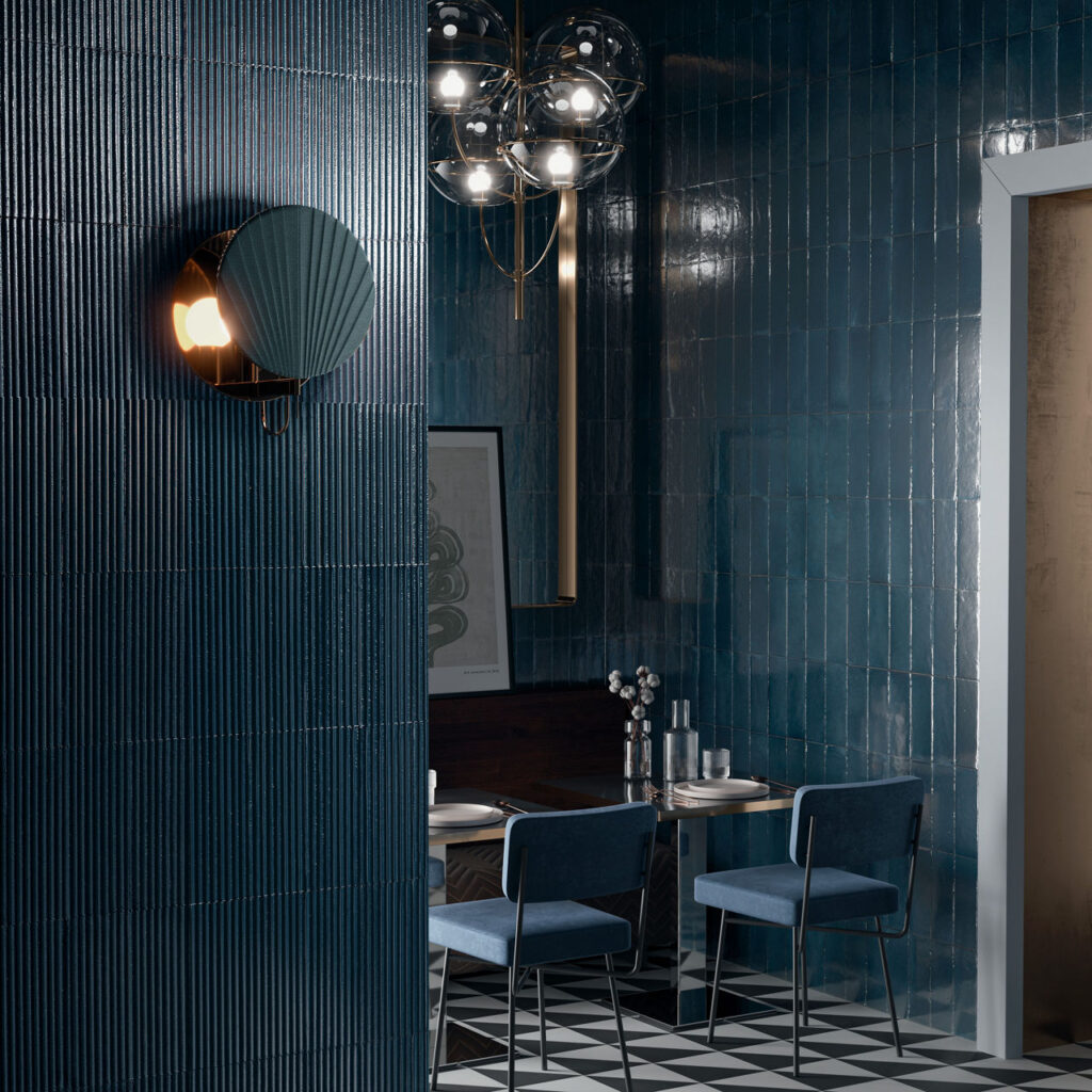 Rice Blu Rectangle 3x8 wall sample kitchen area