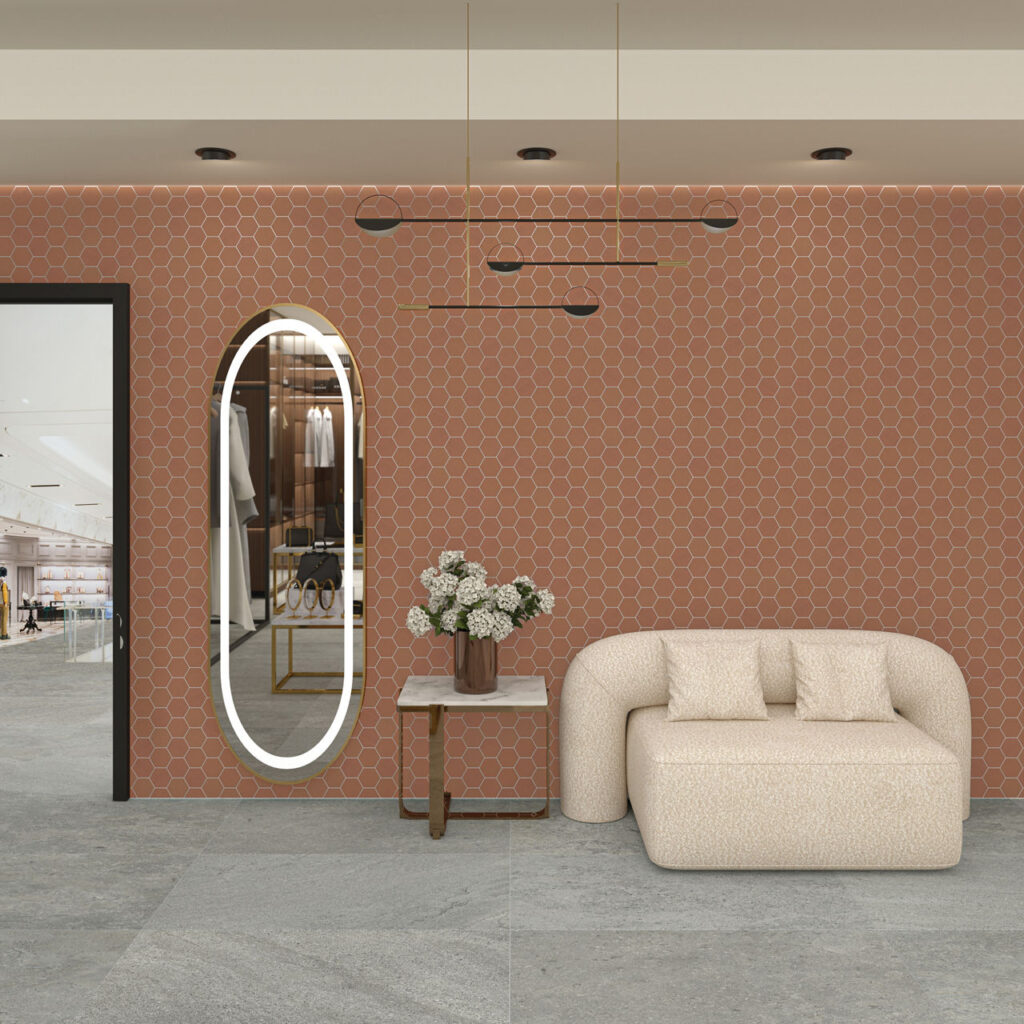 Warm Terracotta Hexagon Ripple Mix wall sample