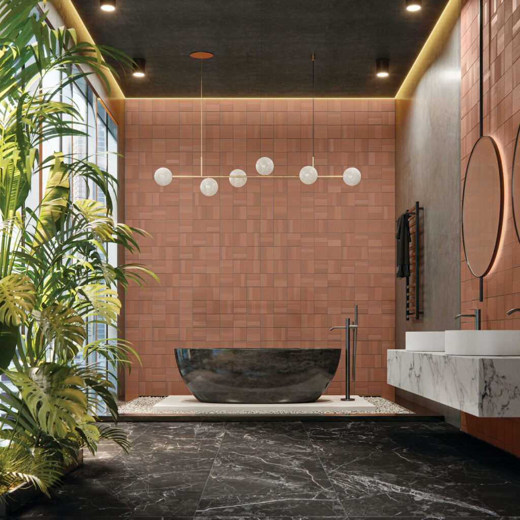 Warm Terracotta Square Ripple Mix bathroom sample