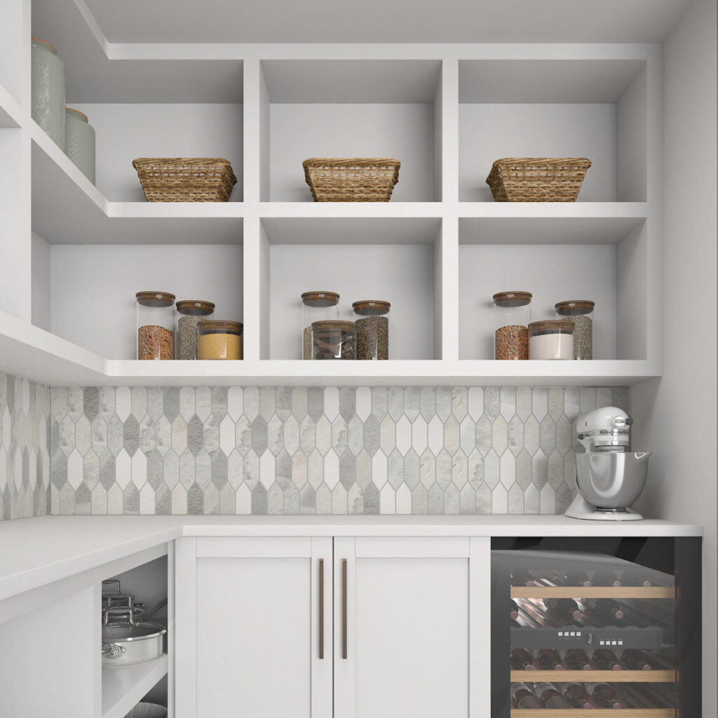 Fonté Blend Picket Mosaic kitchen wall sample in heather harbor
