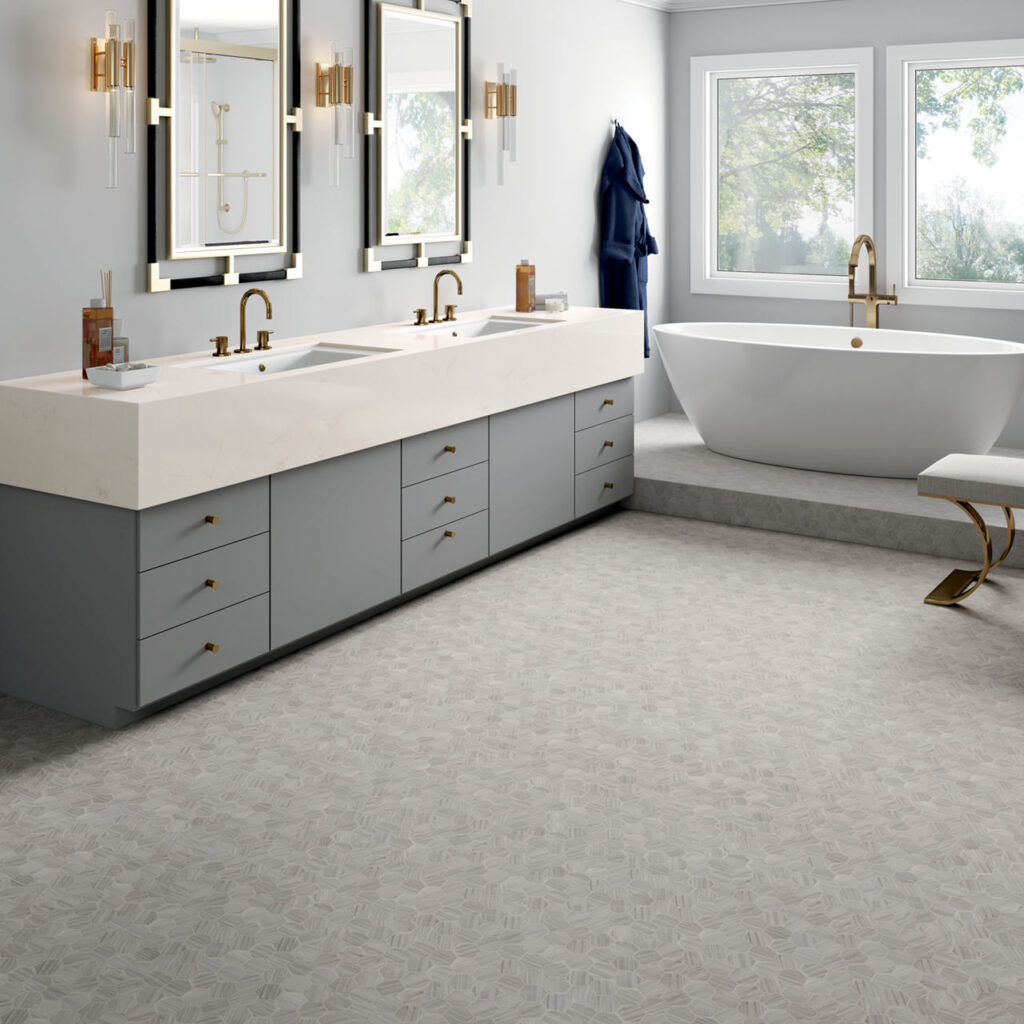 Fonté Hexagon Honed nautical grey floor sample bathroom