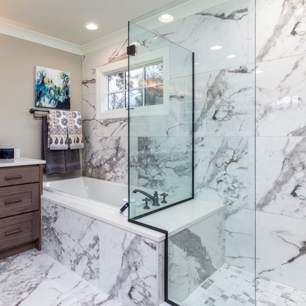 Marble Attaché 24 x 48 Satin sample bathroom wall and floor
