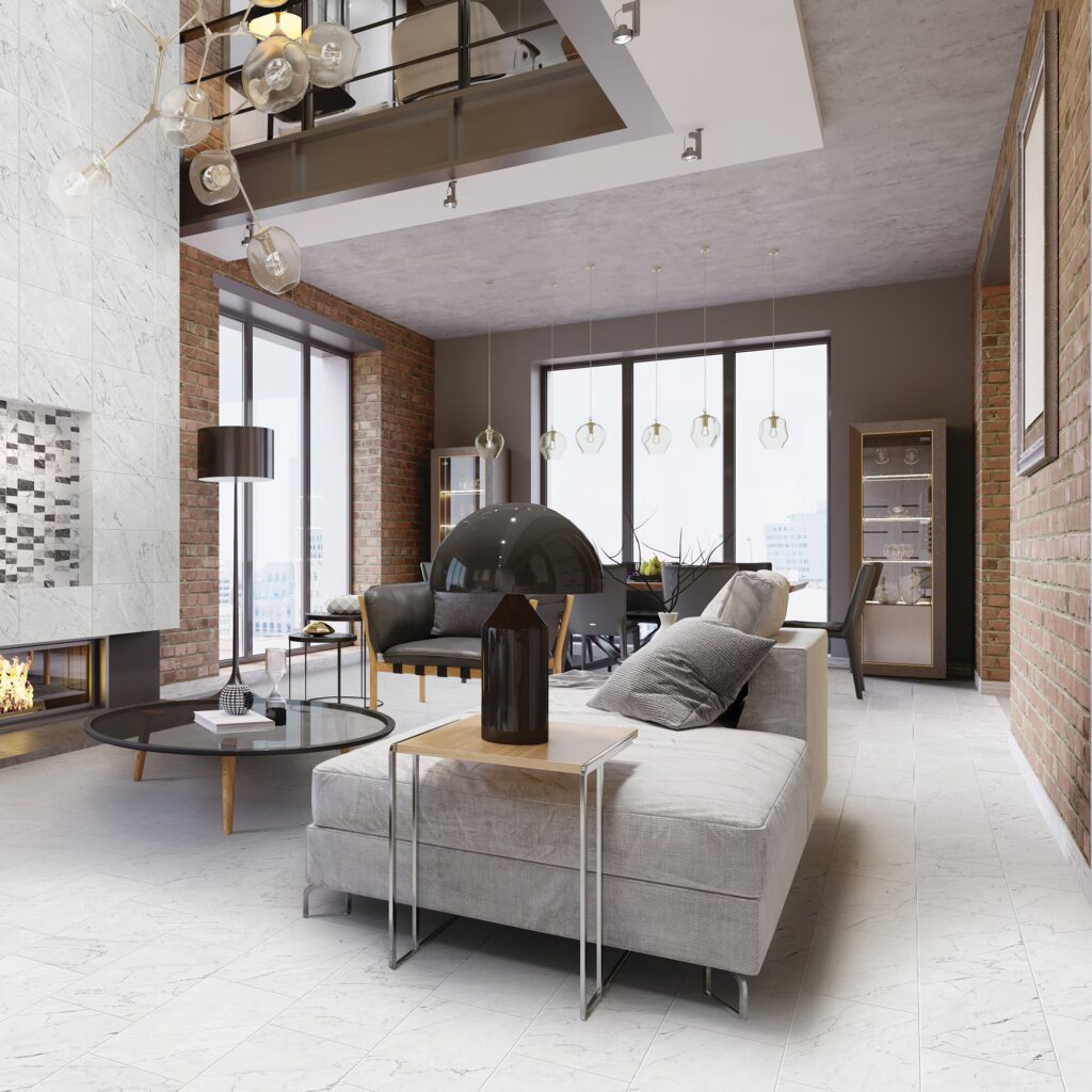 Marble Attaché Lavish 12 x 24sample of living room with wall, floor, and ceiling, and fireplace surround
