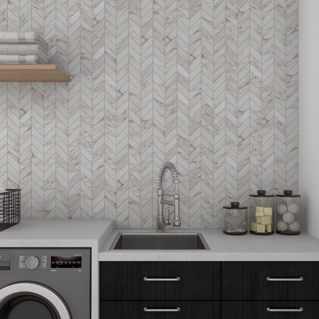 Marble Attaché Lavish Chevron Mosaic Polished pearl arabesque backsplash sample
