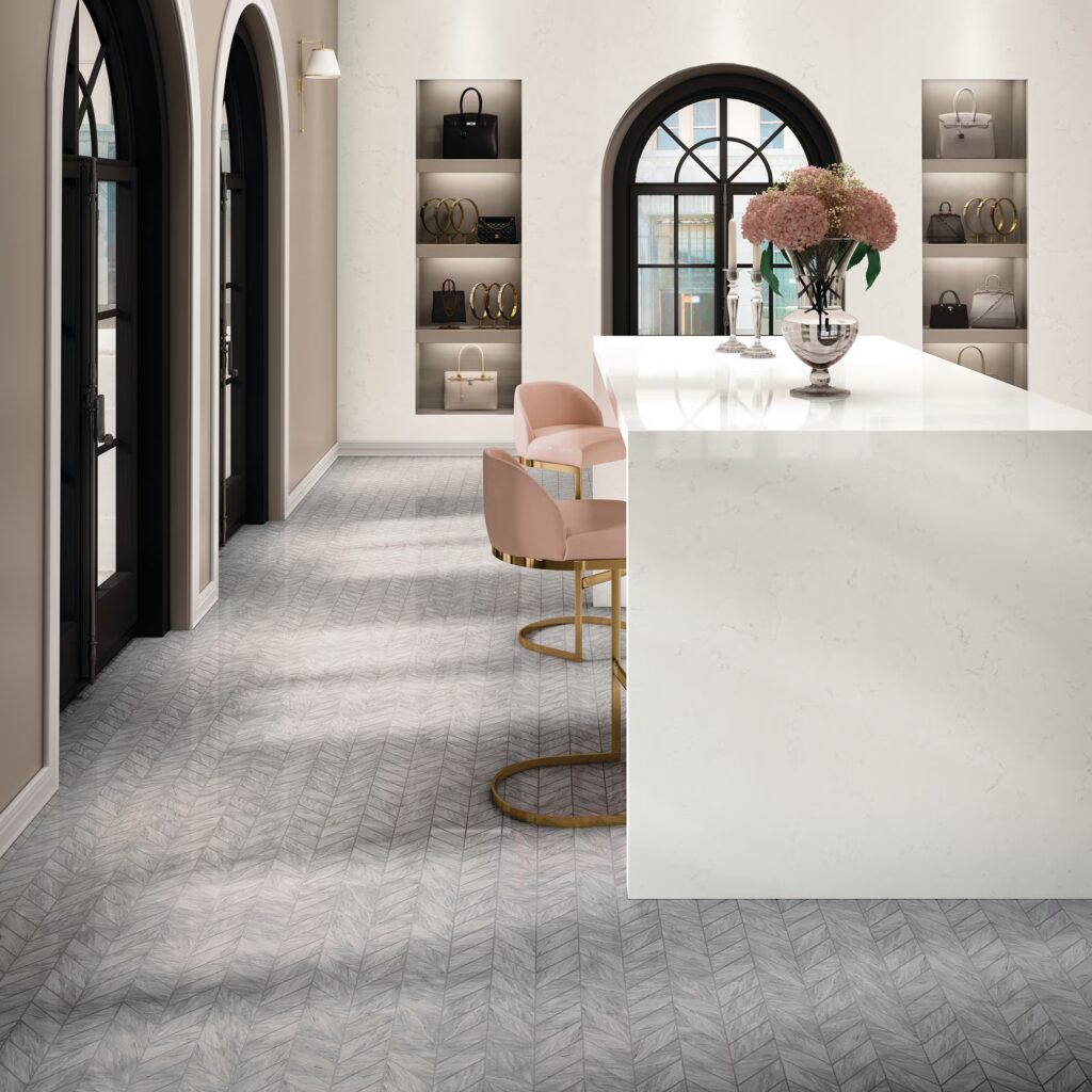 Marble Attaché Lavish Chevron Mosaic Polished stellar gray floor sample