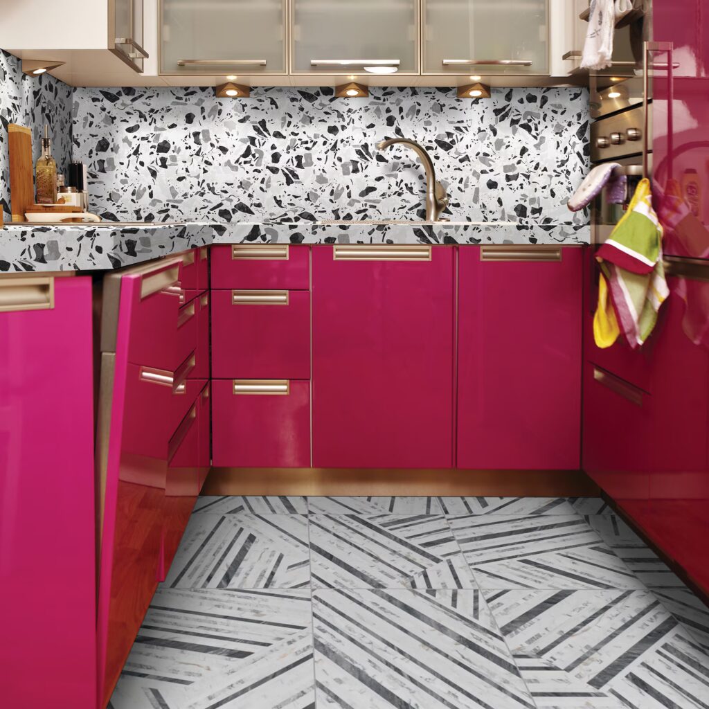Marble Attaché Lavish Entranced Deco 24 x 24 kitchen floor sample with mosaic wall sample and hot pink cabinets