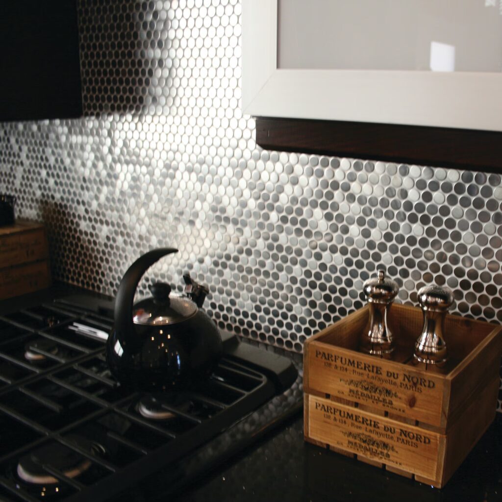 Metallica Metal collection wall backsplash sample in brushed stainless steek