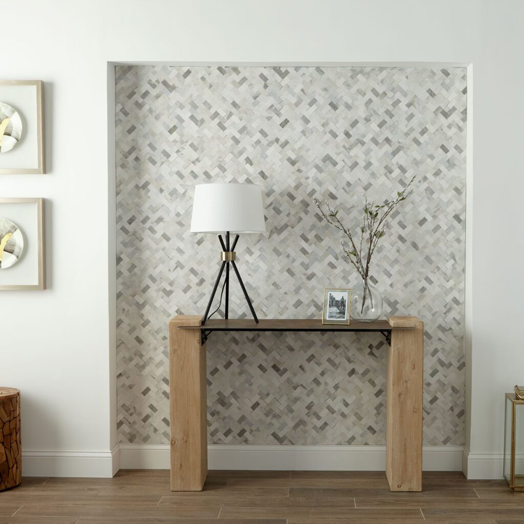 Minute Mosaix Herringbone Stormy Mist wall sample