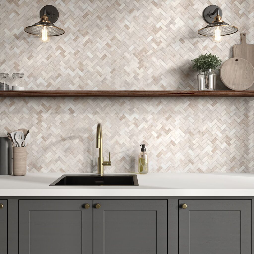 Minute Mosaix Herringbone chenille white wall sample kitchen