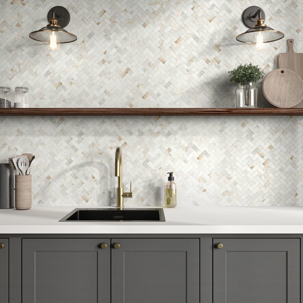 Minute Mosaix Herringbone daphne white wall sample kitchen