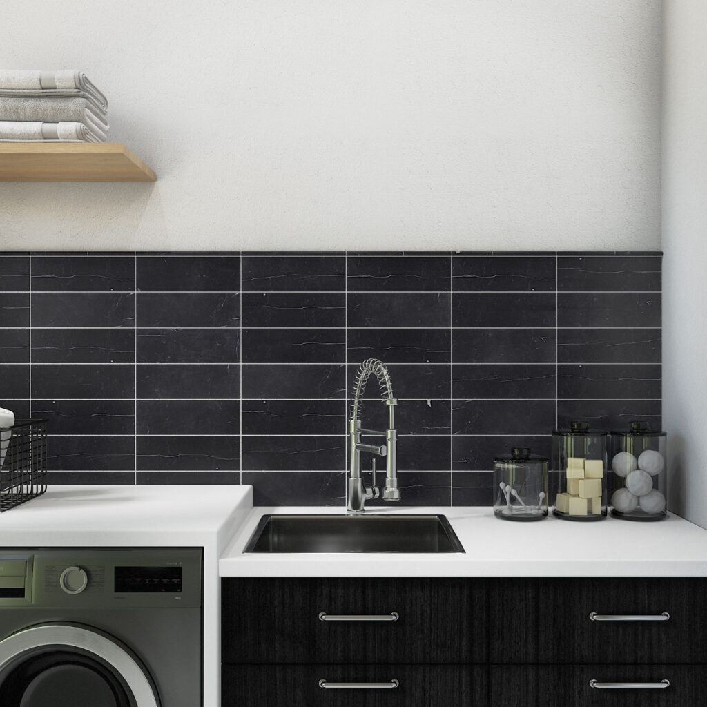 Pietra Divina 4 x 12 Honed nero marquina sample wall in kitchen