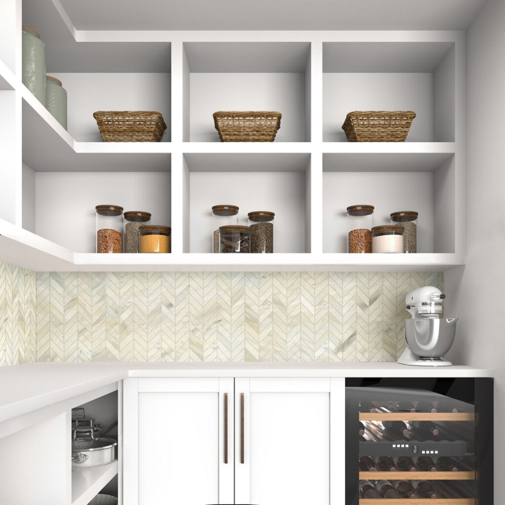 Pietra Divina Chevron Mosaic Namaste & Calacatta Dolomiti Kitchen Backsplash sample