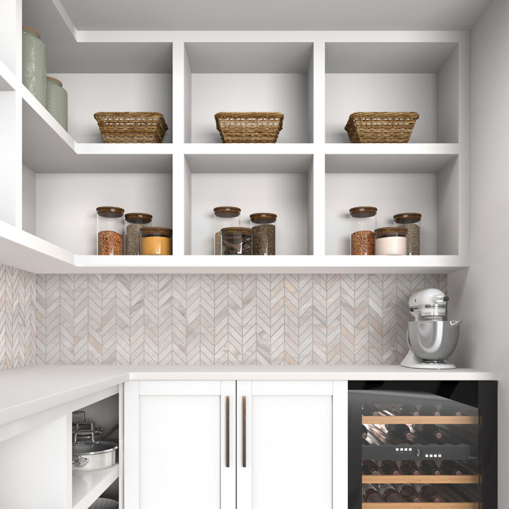 Pietra Divina Chevron Mosaic Namaste & Calacatta Dolomiti kitchen wall sample backsplash