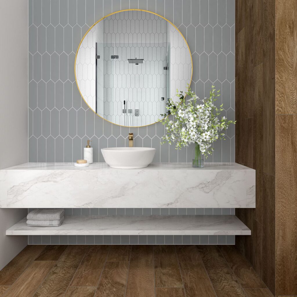 Stagecraft 3 x 12 Undulated Picket Desert Gray wall sample bathroom