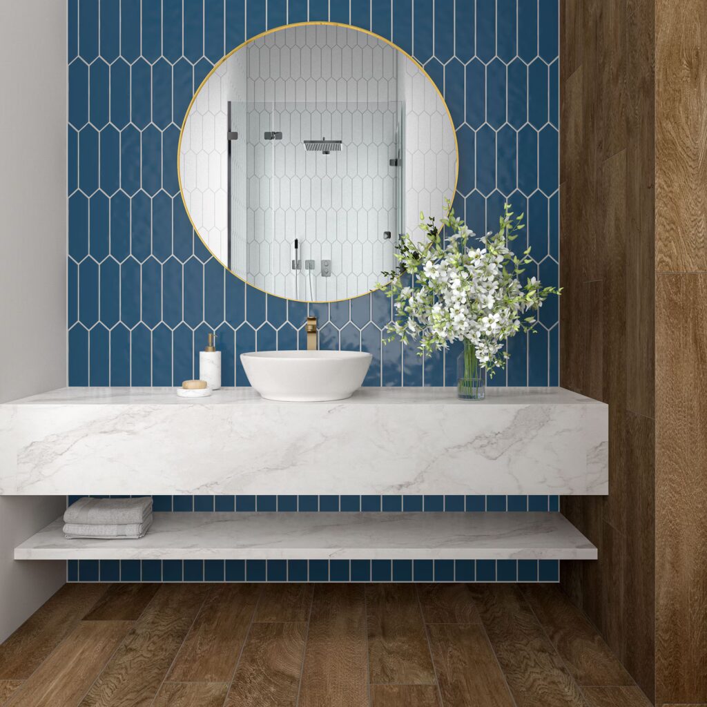 Stagecraft 3 x 12 Undulated Picket Galaxy wall sample bathroom