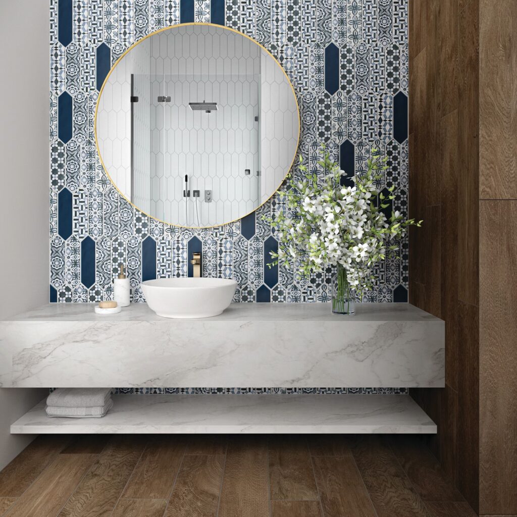 Stagecraft 3 x 12 Undulated Picket Mix Cameo Blue mix wall sample