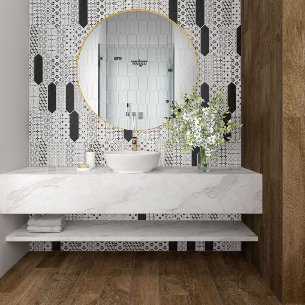 Stagecraft 3 x 12 Undulated Picket Mix ensemble black wall sample bathroom