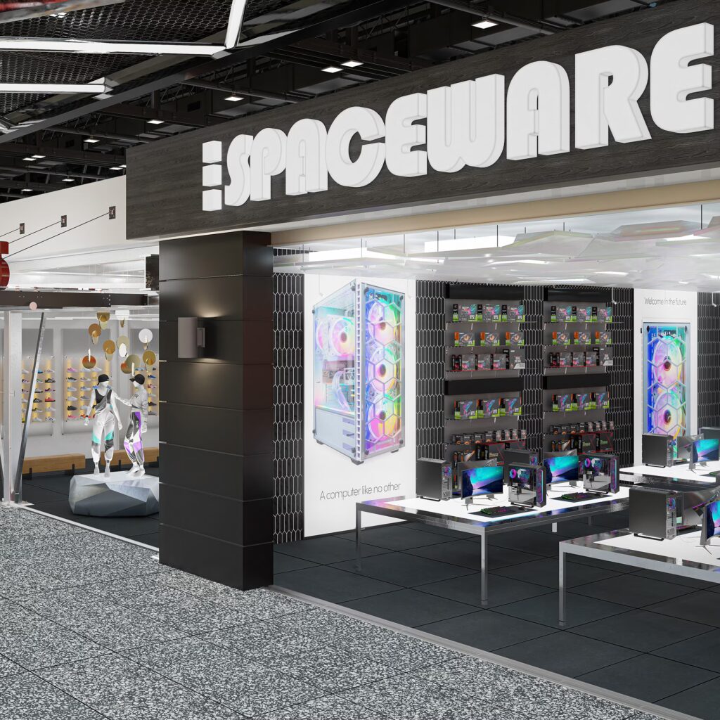 Stagecraft 3 x 12 Undulated Picket black wall sample in a mall store