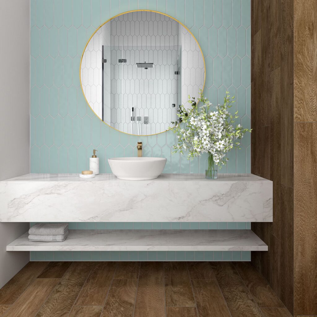 Stagecraft 3 x 12 Undulated Picket spa wall sample bathroom