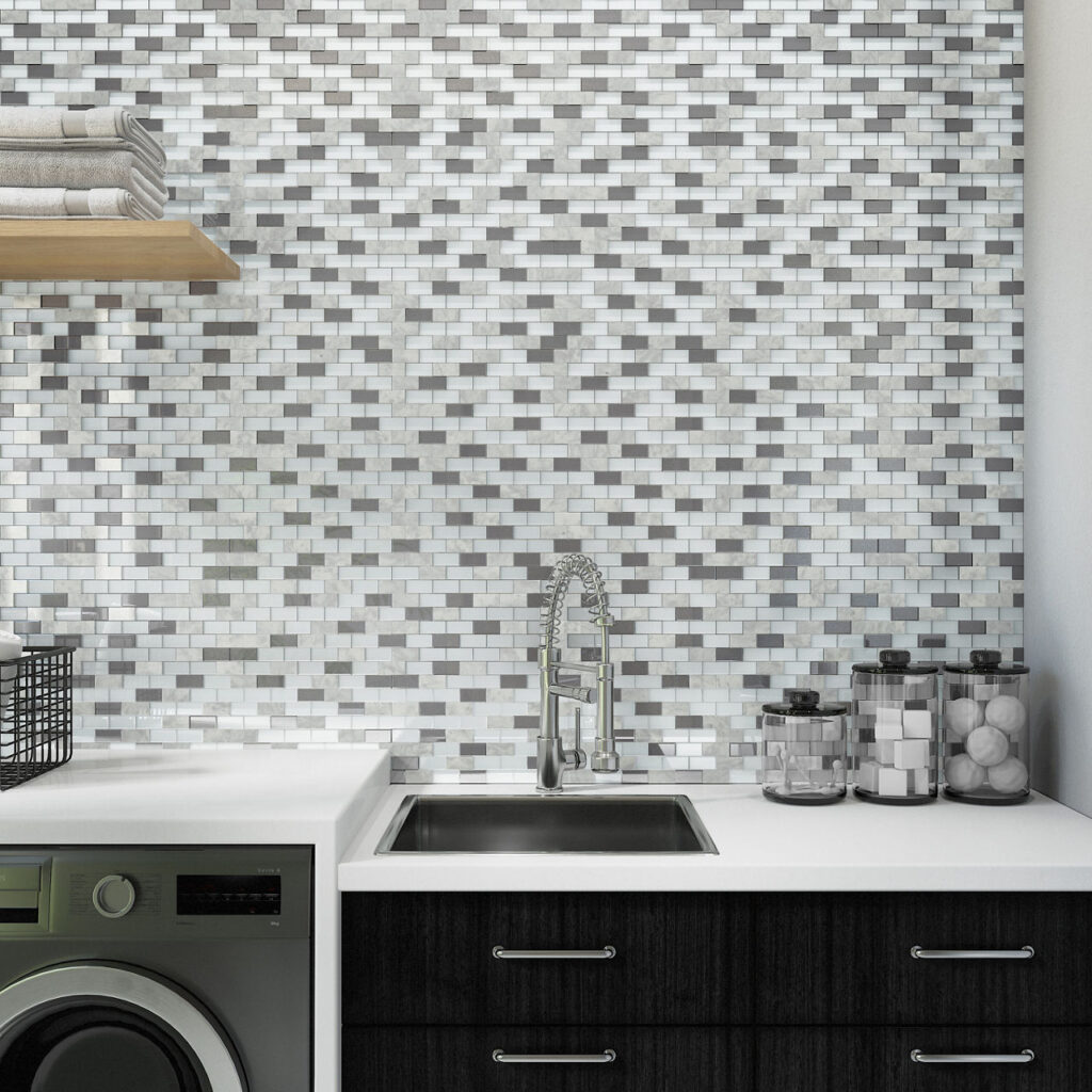 White Carrara & Glass Brick Joint 1x2 wall sample
