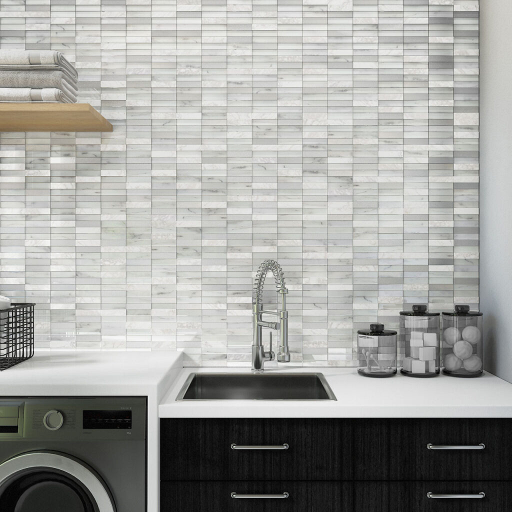 White Carrara & Glass Straight Stack wall sample