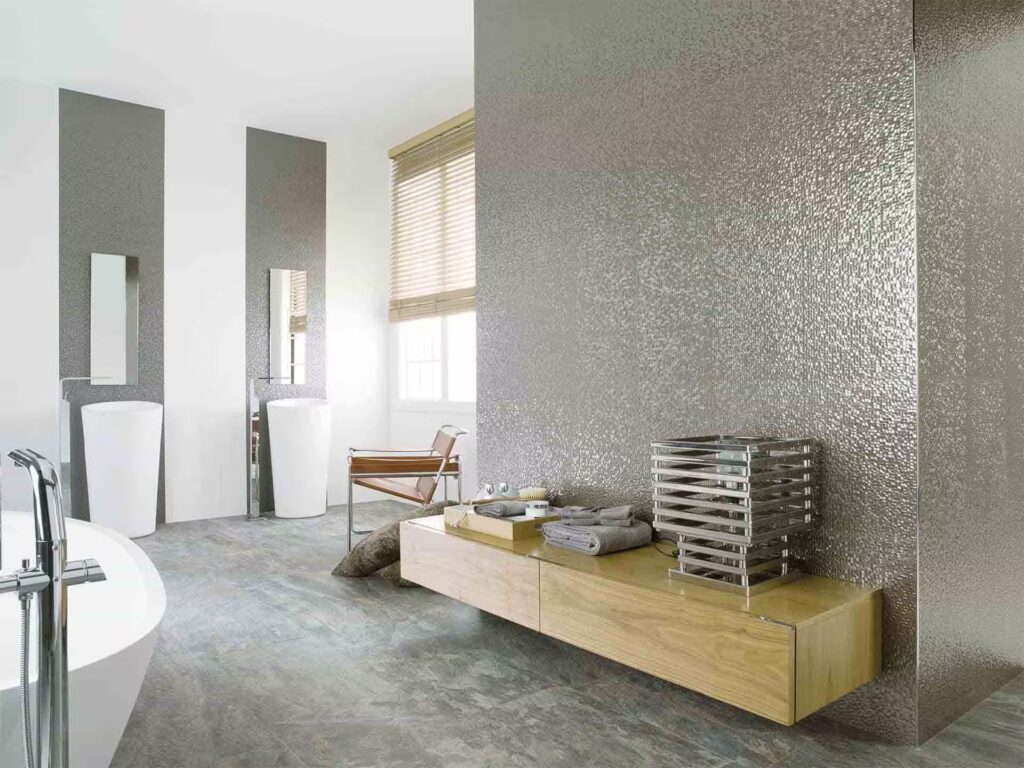 Cubica 13 X 39 silver wall sample bathroom