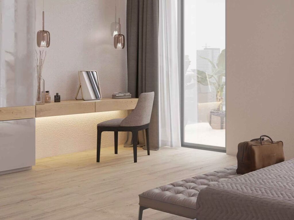 Dubai White 10 X 17 wall sample bedroom settin