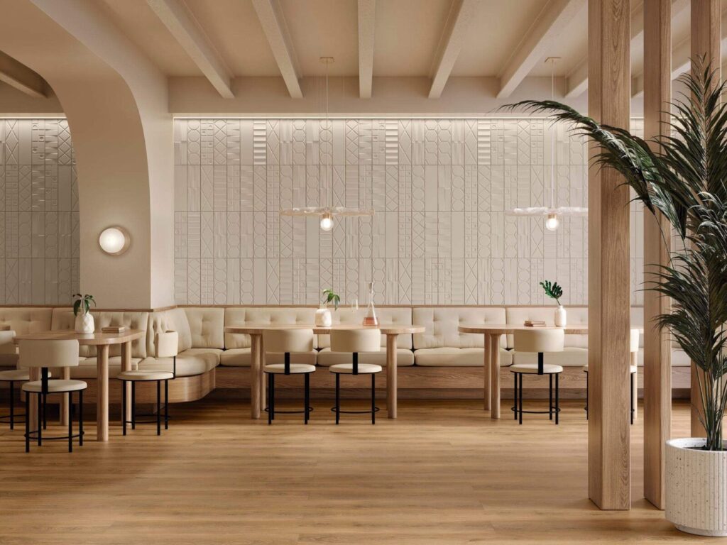 Geo 5 x 17 Beige deco wall sample commercial resturant setting