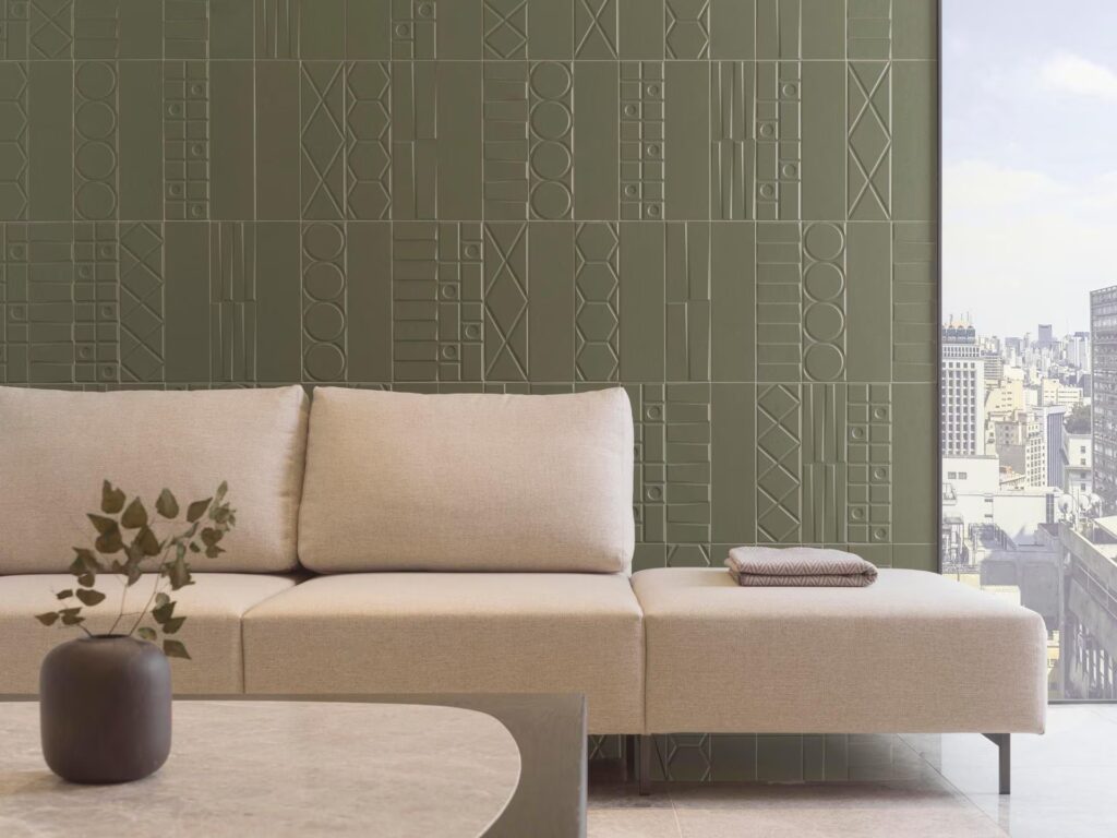 Geo 5 x 17 green wall sample living room setting