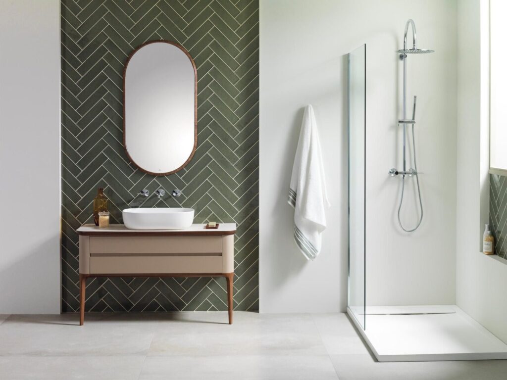 Mediterranea Calpe Grass 3X12 bathroom wall sample 2