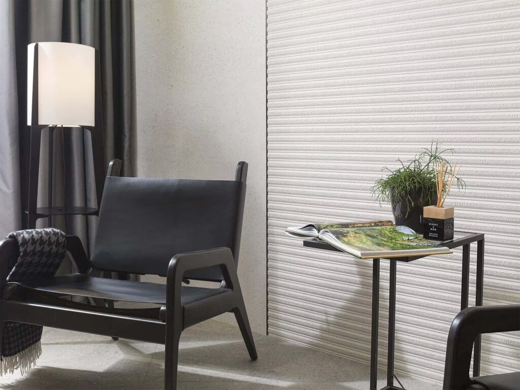 Mombasa Prada White 18X47 living room setting wall sample