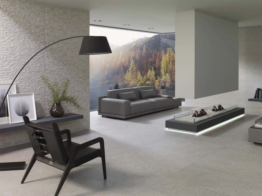 Mosaico Prada Acero 18X47 wall sample in a living room setting