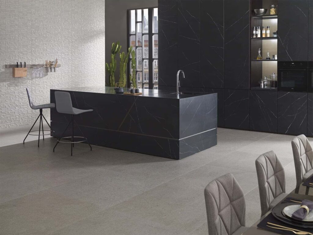 Mosaico Prada Acero 18X47 wall sample in open concept layout