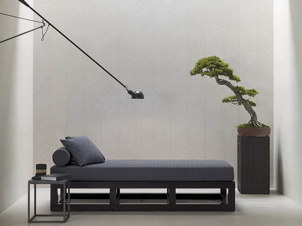 Prada White 18X47 wall sample living area