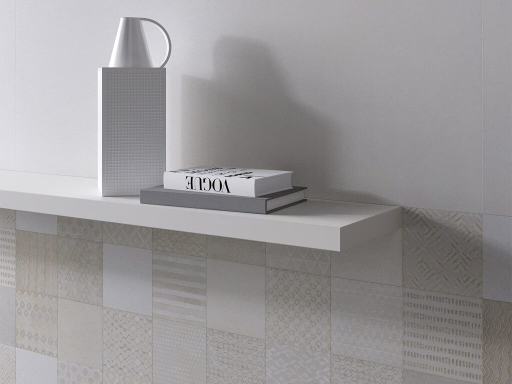 Prada White 18X47 wall sample up close