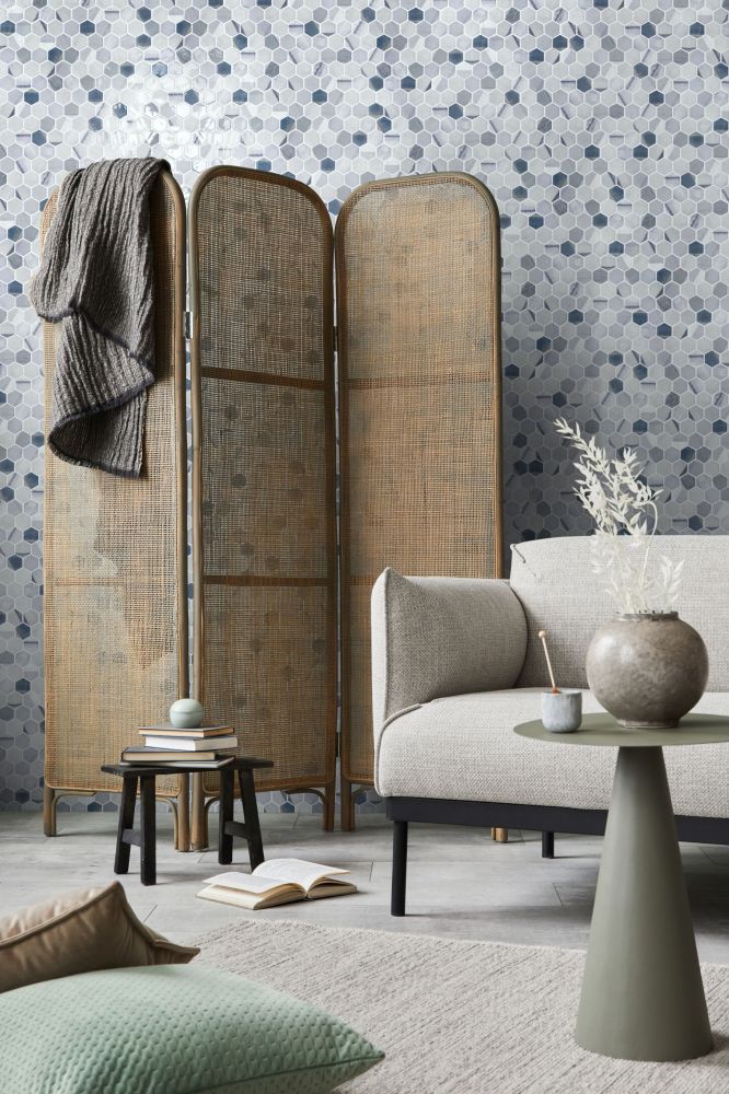 Vanguard Hex XL Bluish Grey 11.25 x 11.25 wall sample living area