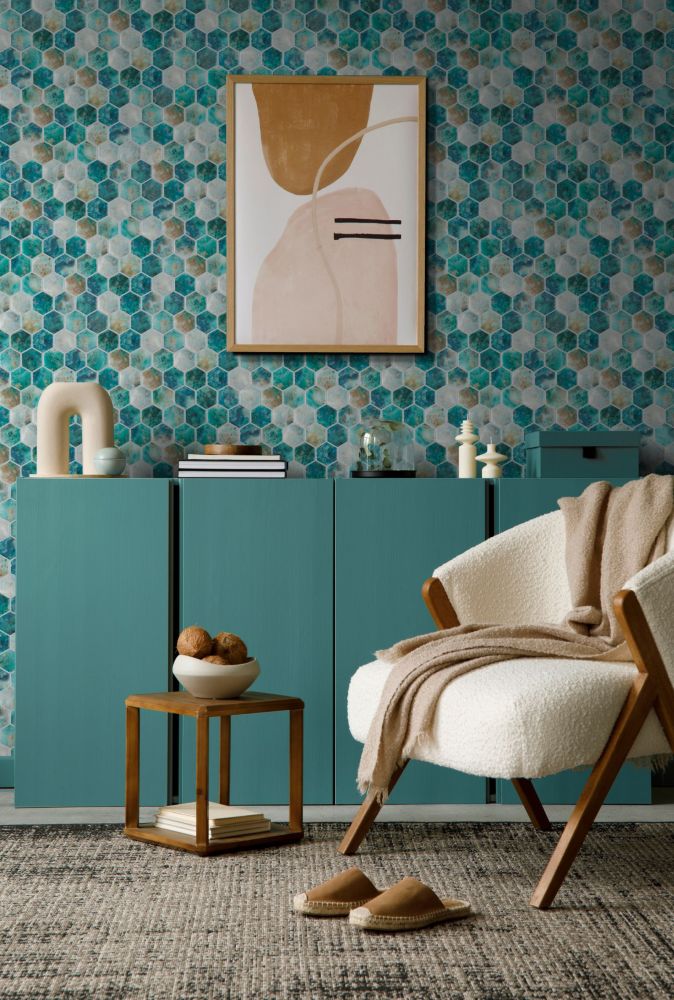 Vanguard Hex XL Green (Onyx Green) 11.25 x 11.25 wall sample in living room