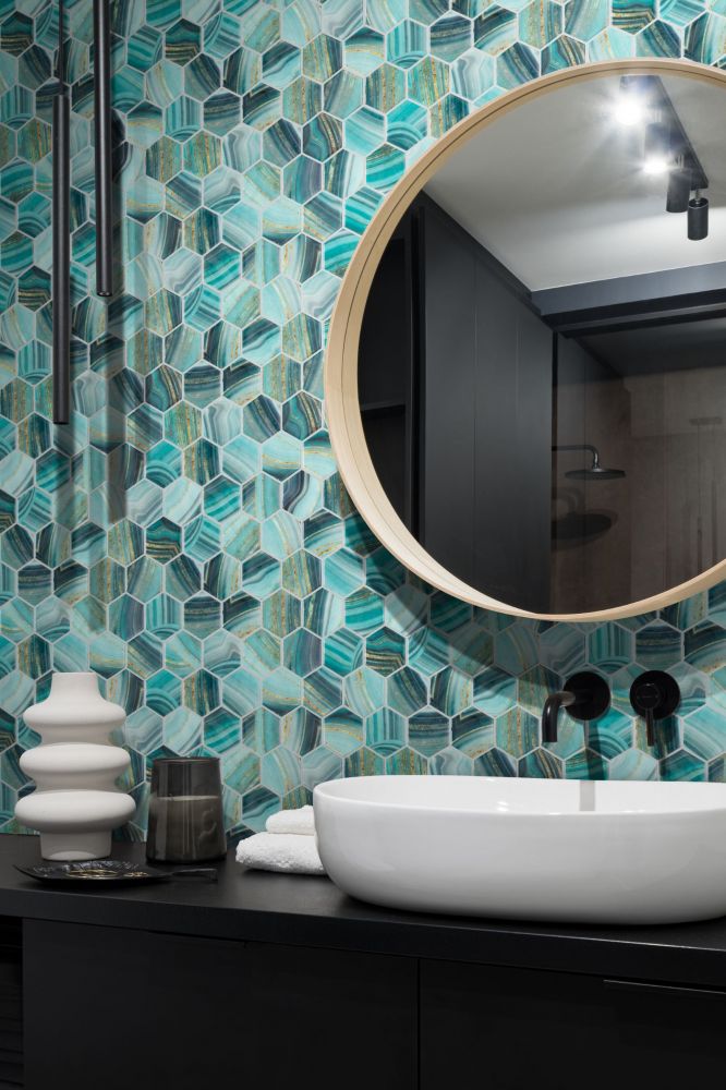 Vanguard Hex XL Onyx Teal 11.25 x 11.25 bathroom wall sample