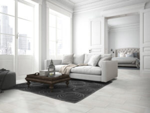 PORTO II™ 12 x 24 White matte floor sample living and bedroom scene